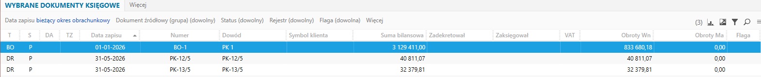 Dokumenty źródłowe pokazane po wybraniu konta 010-2.