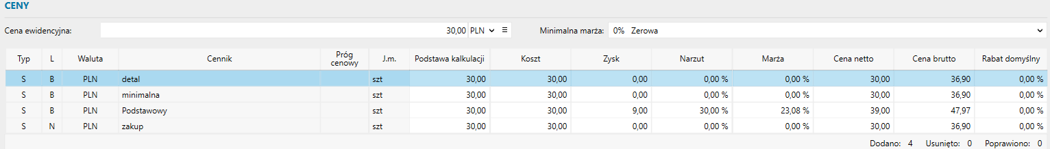 Ceny przeniesione z kartoteki źródłowej.