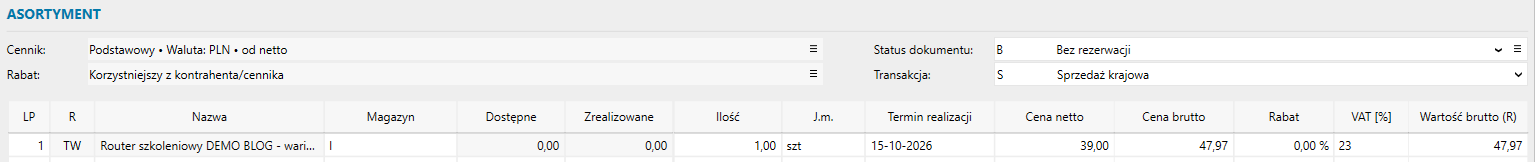 Jedna pozycja i status Bez rezerwacji.