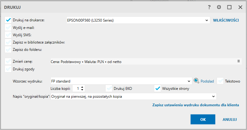 Okno drukowania z wzorcem FP standard i przyciskiem Podgląd.