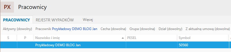 Na liście zaznaczono wyłącznie fikcyjnego pracownika szkoleniowego.