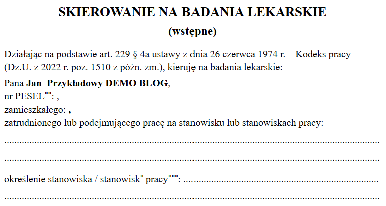Fragment podglądu: fikcyjny pracownik i pola wymagające uzupełnienia.