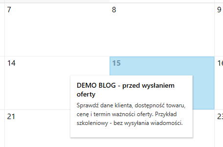 Przypięta notatka pozostaje widoczna nad kalendarzem.