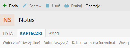 Notes z przyciskiem Dodaj i widokiem Karteczki.