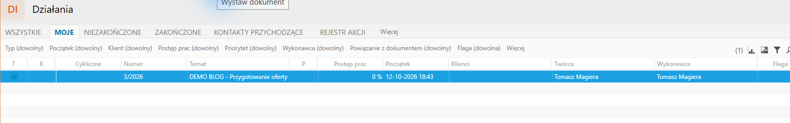 Zapisane zadanie na liście działań.