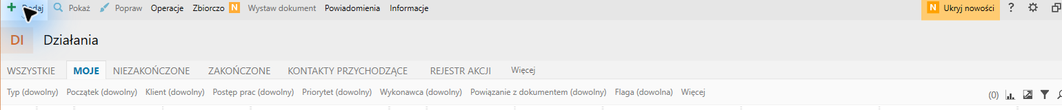 Widok Działania i przycisk Dodaj.