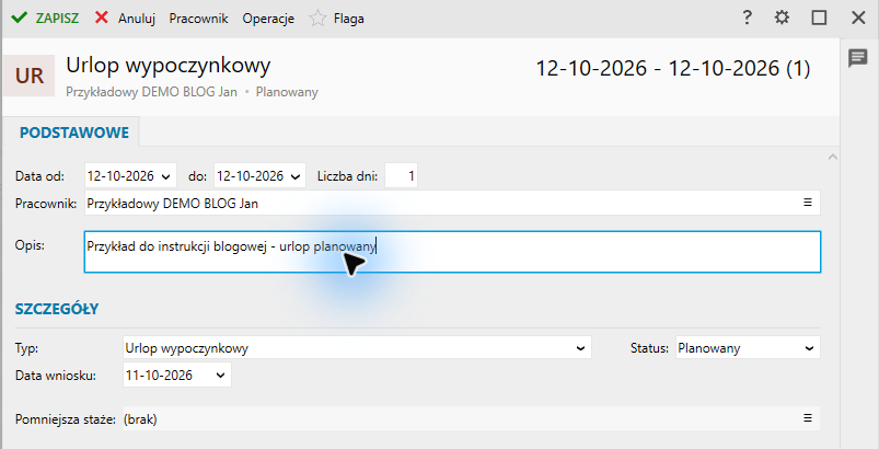 Przykładowy plan: jeden dzień, wybrany fikcyjny pracownik i status Planowany.