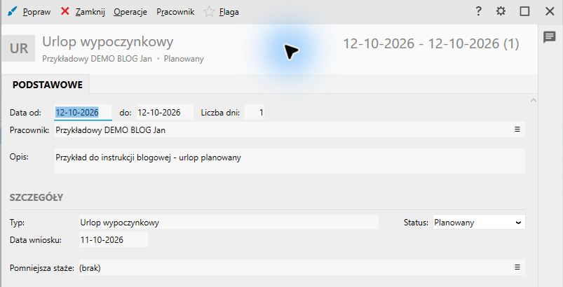 Podgląd ponownie otwartego wpisu: 12.10.2026, jeden dzień, fikcyjny pracownik i status Planowany.