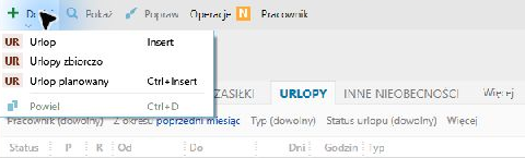 Absencje → Urlopy → Dodaj → Urlop planowany.