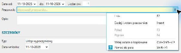 Menu przy polu Pracownik — wybór osoby z istniejącej listy.