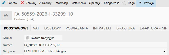 Podgląd zapisanej faktury przykładowej. Sprawdź jej numer i nabywcę.