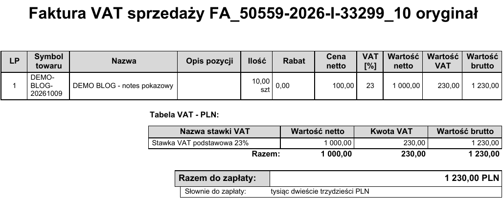 Fragment rzeczywiście zapisanego PDF: numer faktury, przykładowa pozycja i podsumowanie.